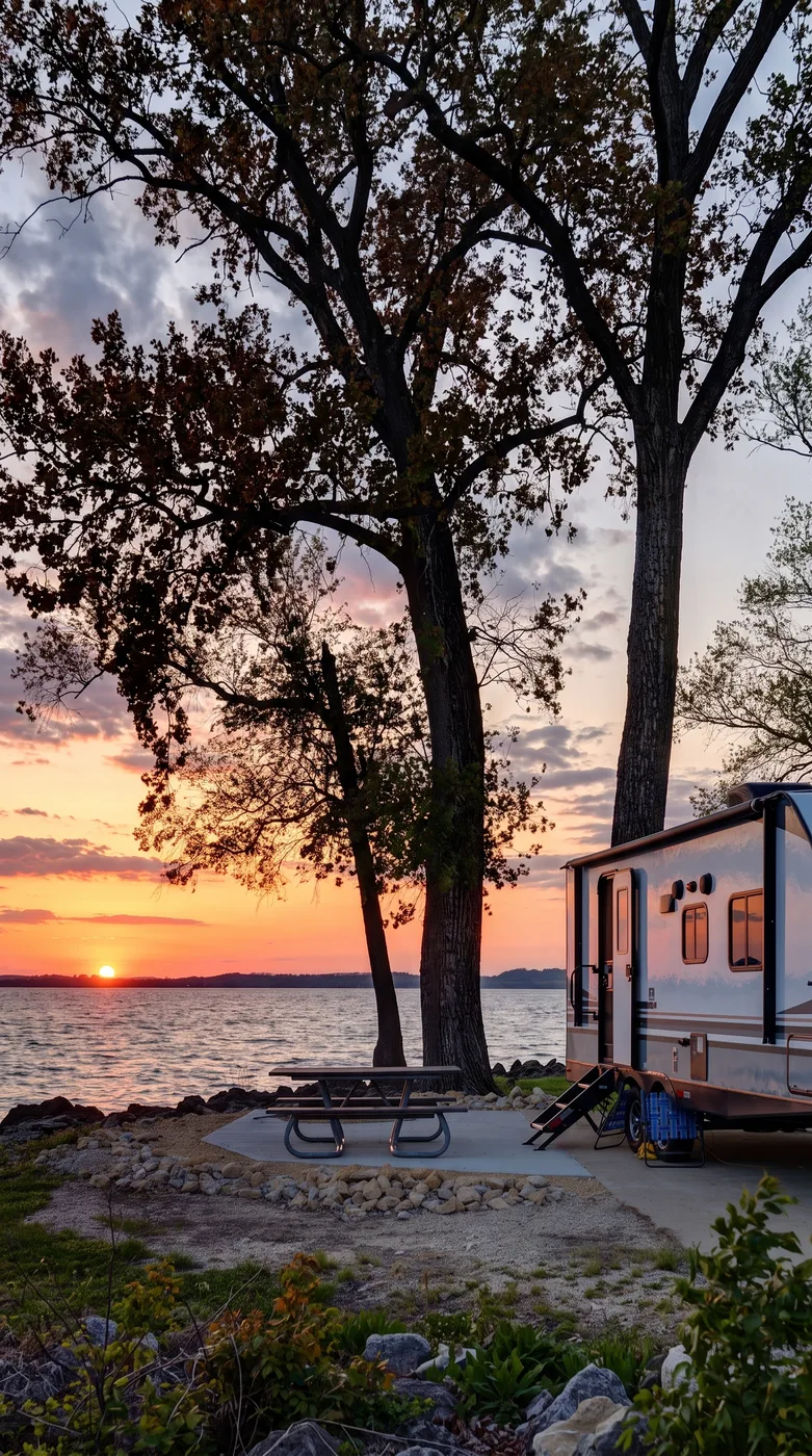 An RV set up at a lakeside campsite at sunset — road-ready by Rinse & Shine RV